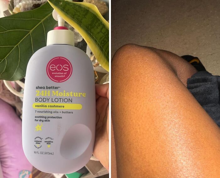 Bottle of eos shea better 24H moisture body lotion with vanilla cashmere shown next to smooth skin on a leg.