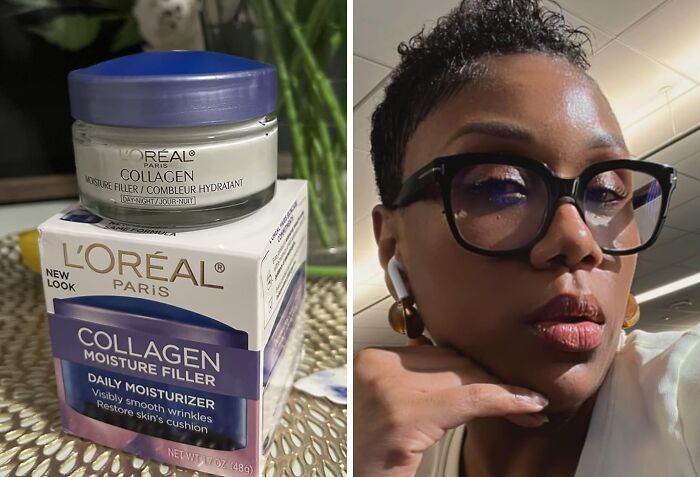 L'Oréal Paris Collagen Moisture Filler daily moisturizer jar and box alongside a woman wearing glasses and earbuds.