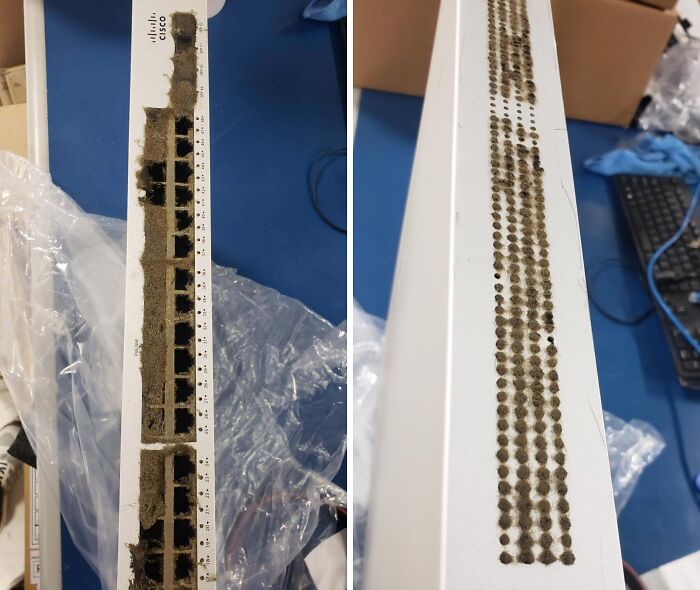 Close-up images of a dusty Cisco network switch showing technology disasters caused by neglect and poor maintenance.