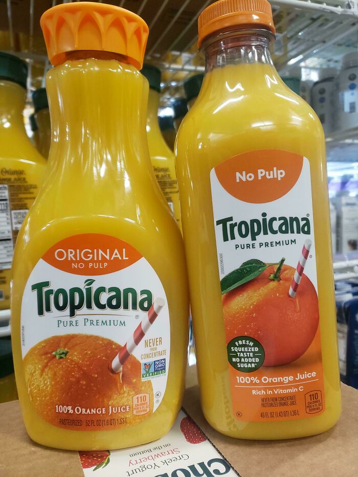 Two different sized Tropicana orange juice bottles side by side illustrating smaller products and higher costs.