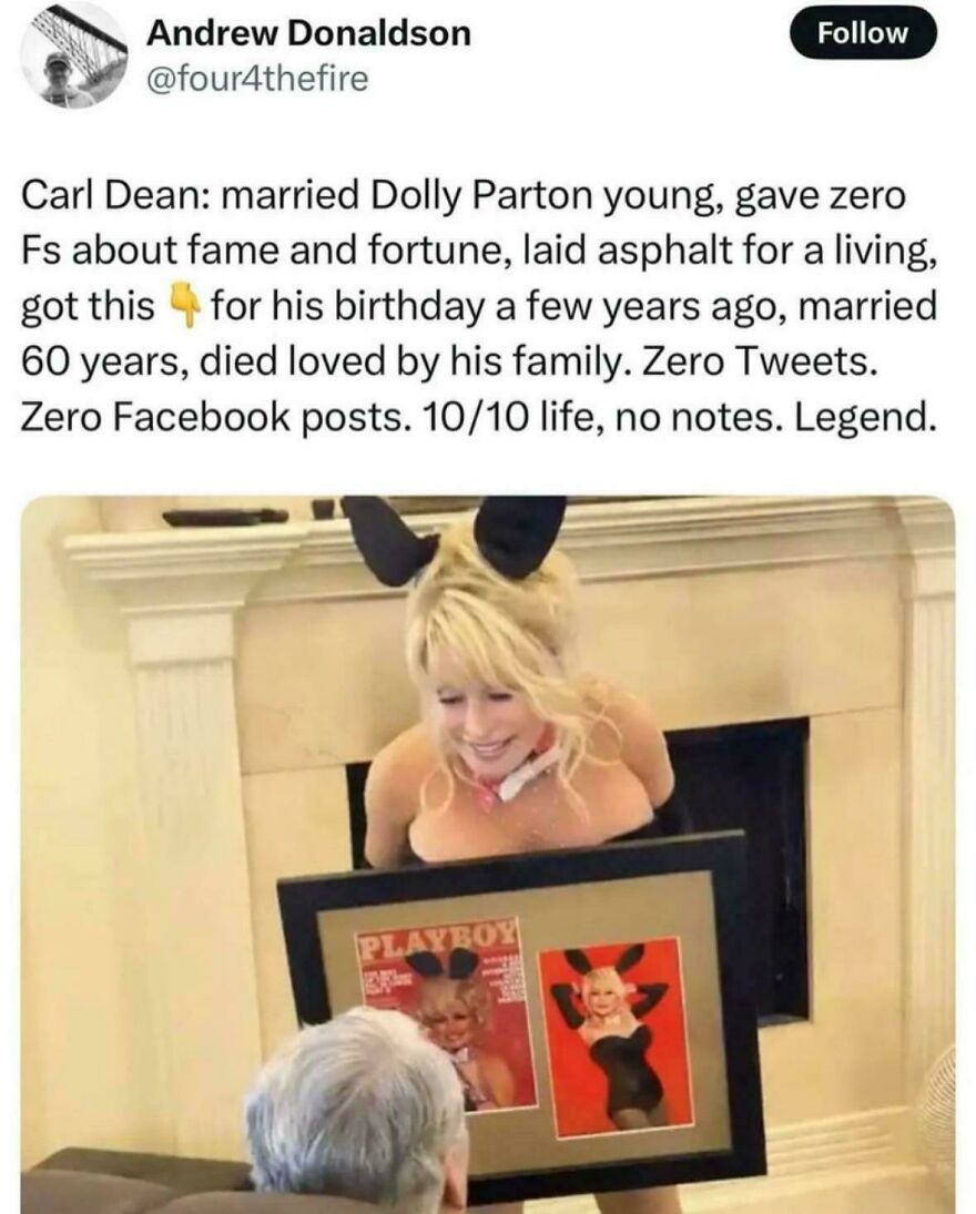 Twitter comedian's funny post about Carl Dean and Dolly Parton with a humorous photo of Dolly in bunny ears holding framed pictures.