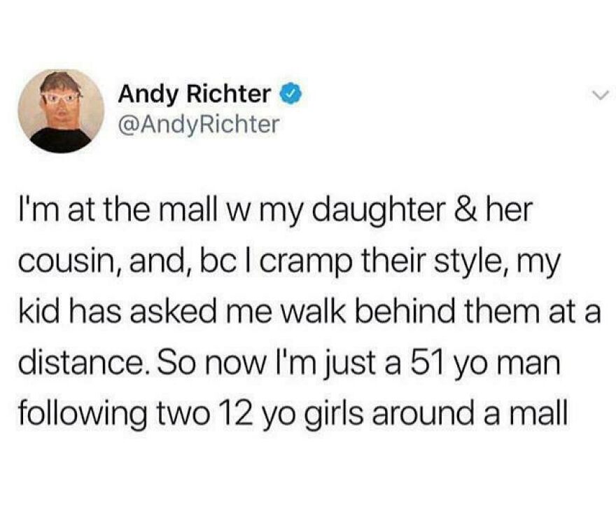 Tweet by comedian Andy Richter about awkwardly following young girls at a mall, showcasing humorous Twitter comedians posts.