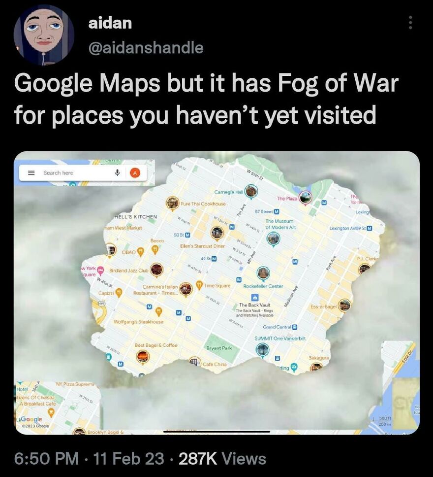 Screenshot of a funny Twitter post by comedian showing Google Maps with Fog of War for unvisited places.