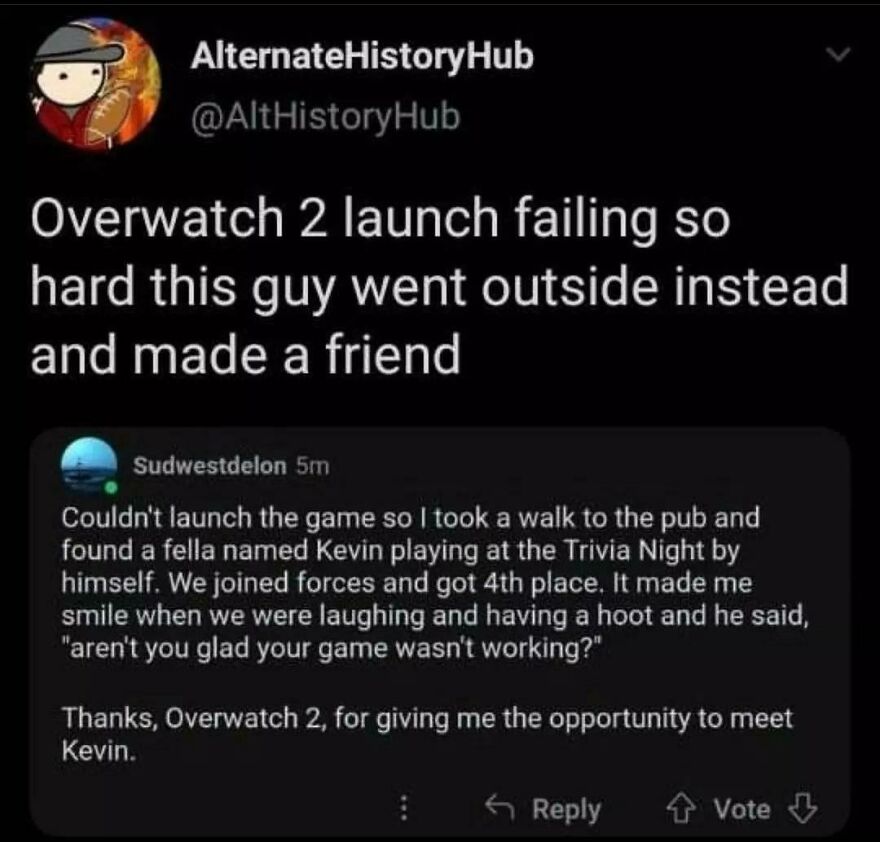 Funny Twitter post from comedians about Overwatch 2 launch failing and making a new friend instead.