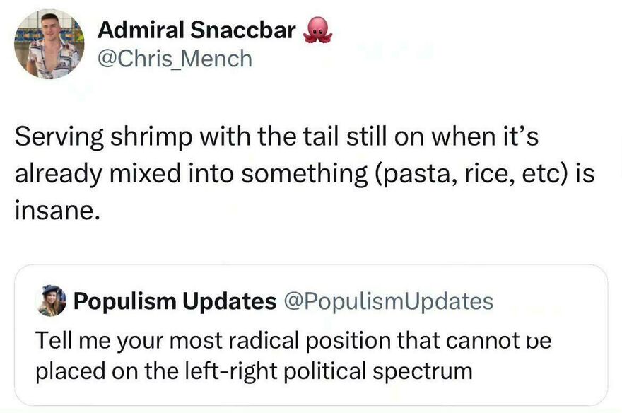 Funny Twitter post from a comedian sharing a humorous take on serving shrimp with the tail still on in mixed dishes.