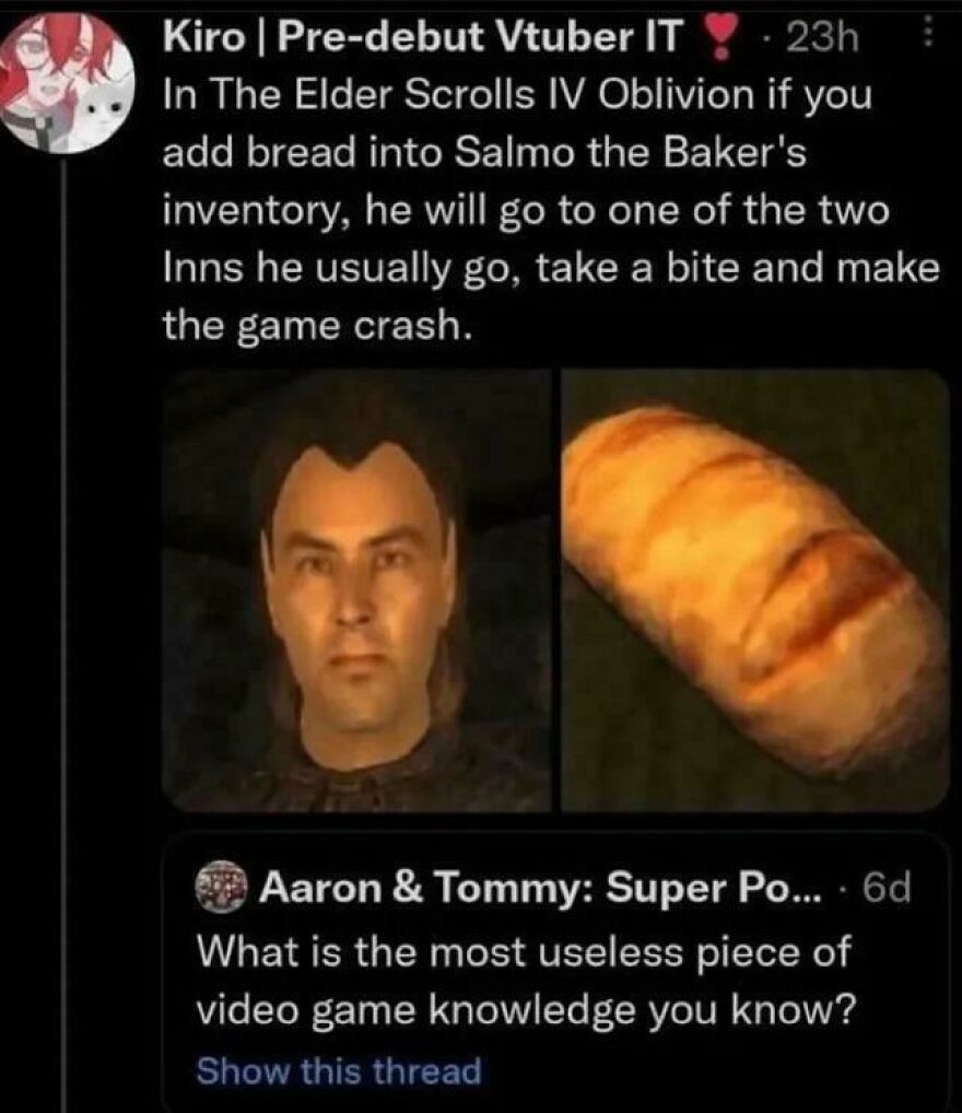 Twitter comedians post about a funny Elder Scrolls IV Oblivion game glitch involving bread and a character named Salmo the Baker.