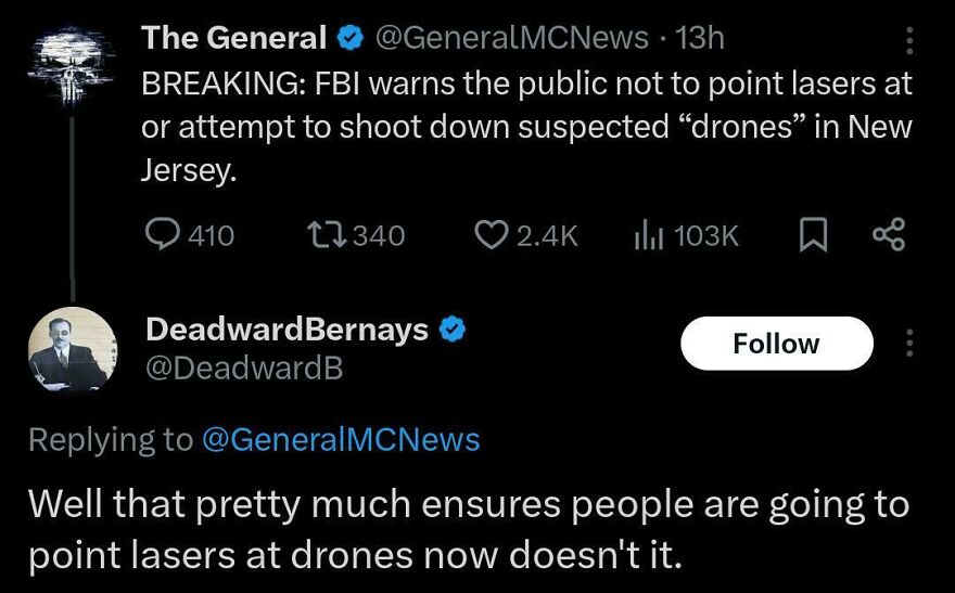 Screenshot of a humorous Twitter exchange where a user jokes about FBI drone warnings, showcasing funny comedian posts.