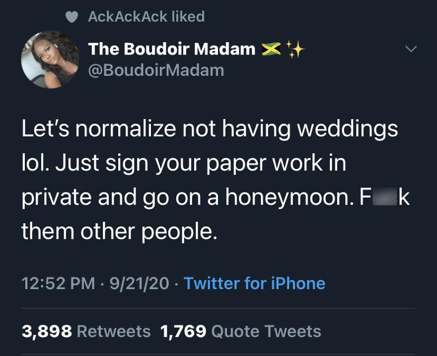 Tweet from a comedian humorously suggesting to normalize skipping weddings and signing paperwork privately instead.