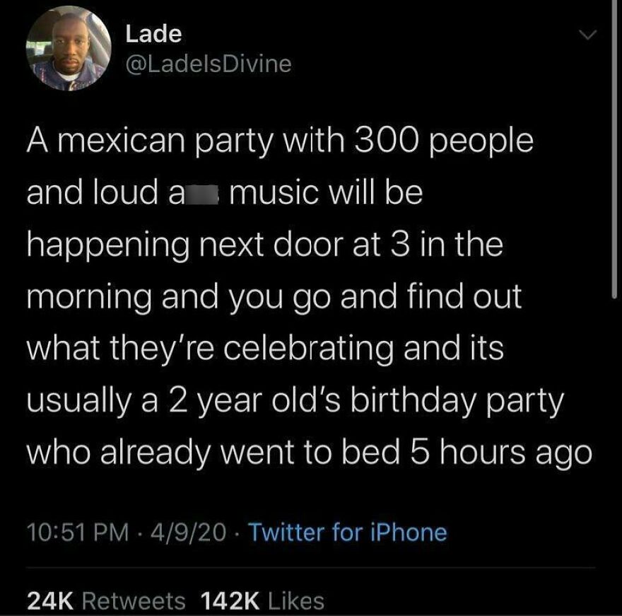 Tweet from a comedian humorously describing a loud Mexican party with 300 people celebrating a toddler's birthday.