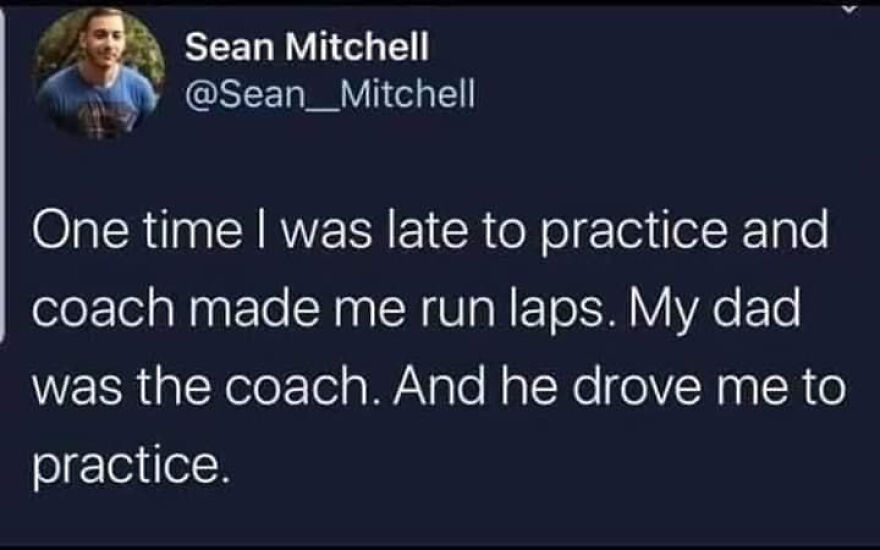 Screenshot of a funny Twitter post by comedian Sean Mitchell sharing a humorous story about sports practice.