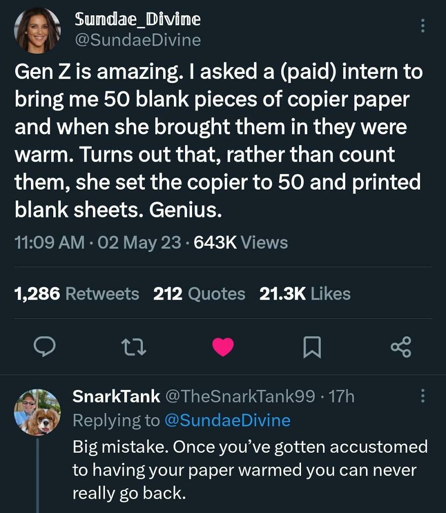 Twitter post from a comedian about a funny intern story with copier paper, shared widely by users.