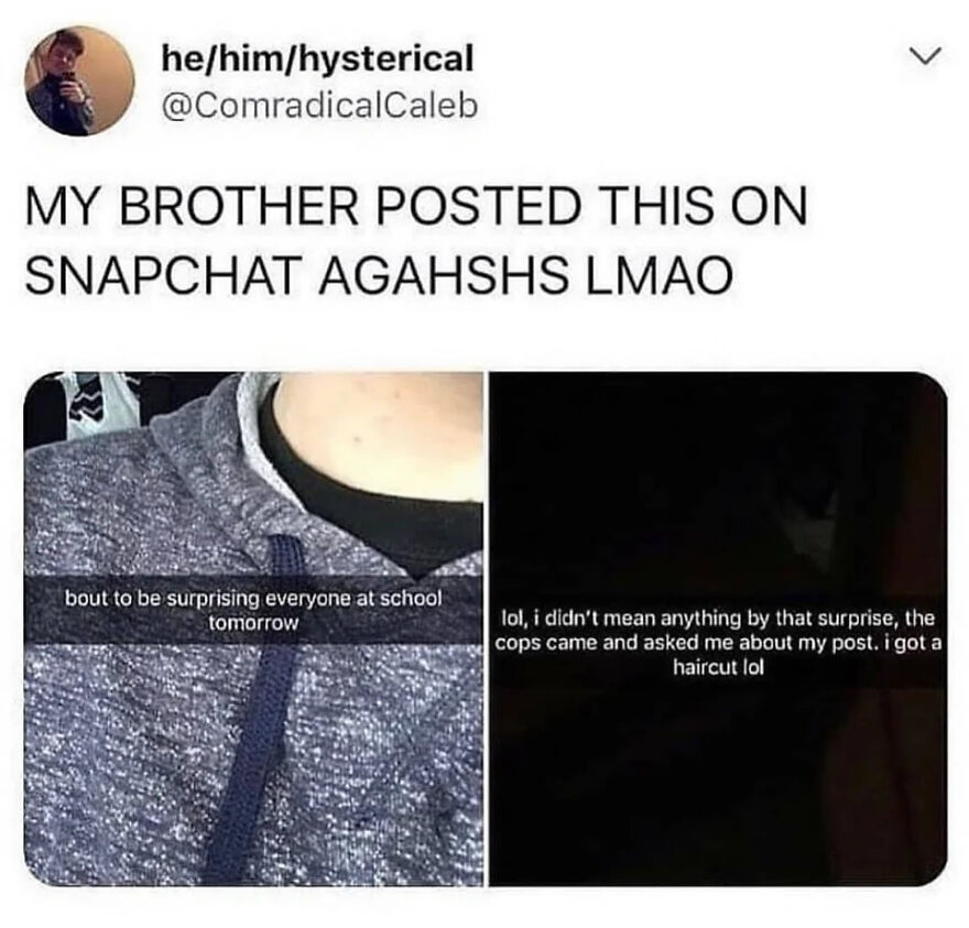 Screenshot of a funny Twitter comedian post sharing a humorous Snapchat story about a surprising school event.