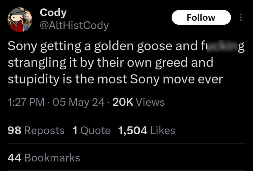 Screenshot of a funny tweet from a Twitter comedian about Sony’s greed, shared widely for humor and relatability.