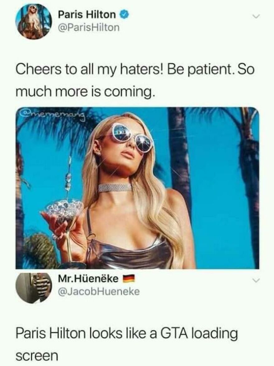 Screenshot of funny Twitter posts from comedians, including a humorous comment comparing Paris Hilton to a GTA loading screen.