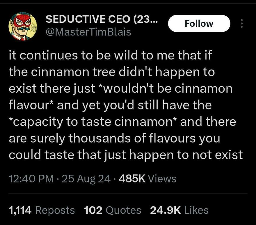 Twitter post from comedian discussing the concept of tasting cinnamon flavor without the cinnamon tree existing with humor.
