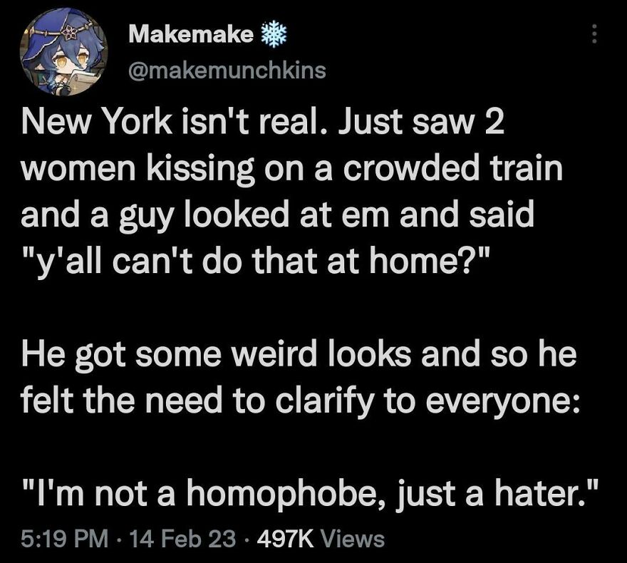 Tweet from a comedian humorously describing a New York train encounter, showcasing funny Twitter posts shared widely.