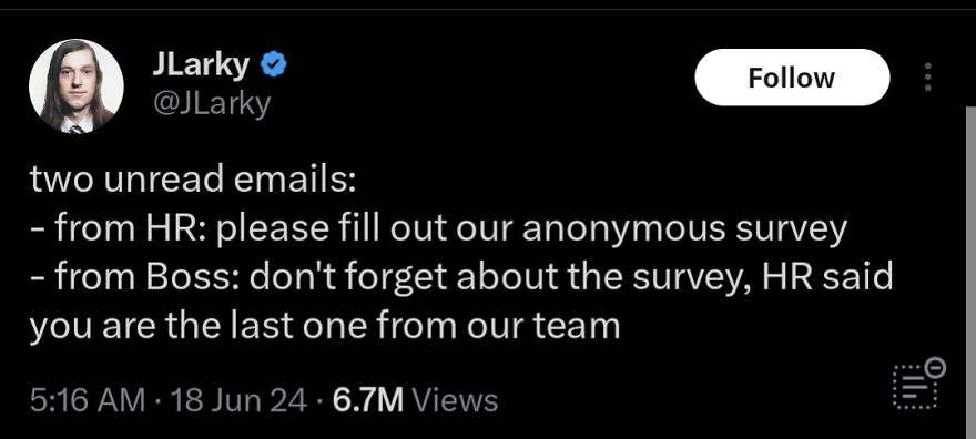 Screenshot of a funny Twitter post by a comedian joking about work emails and surveys, popular among shared posts.