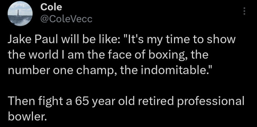 Screenshot of a funny Twitter post by a comedian joking about Jake Paul’s boxing and a retired professional bowler.