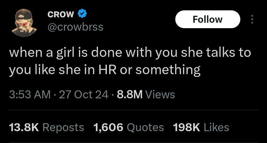 Twitter post from comedian Crow joking about relationship talks comparing them to HR conversations, highlighting humor in comedic posts.
