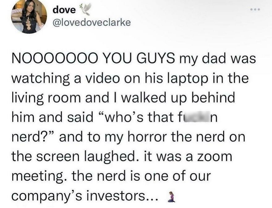 Tweet from comedian describing an awkward Zoom meeting moment involving a company investor, shared for humor.