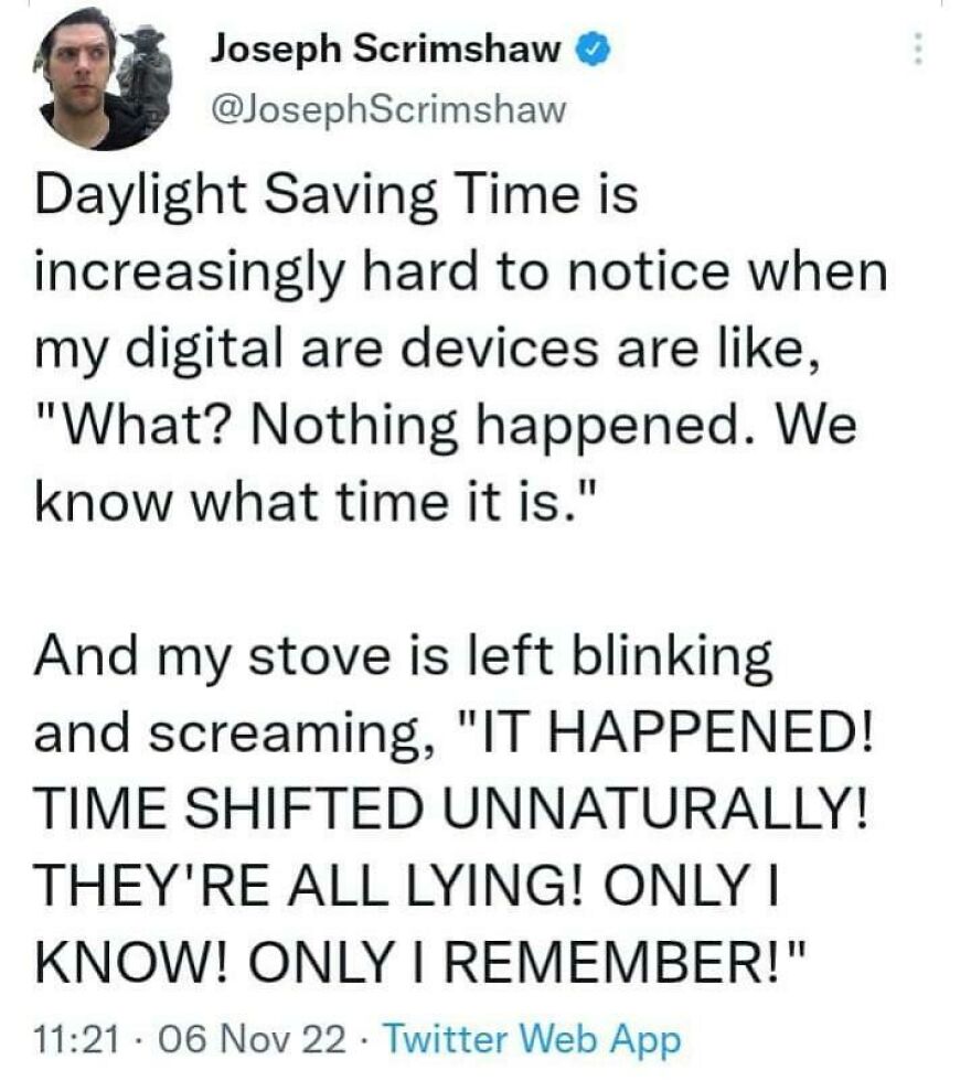 Funny Twitter comedian post about Daylight Saving Time confusion with digital devices and a blinking stove.