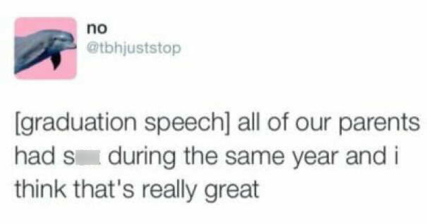Funny Twitter post from comedians sharing a hilarious graduation speech joke about parents and shared experiences.