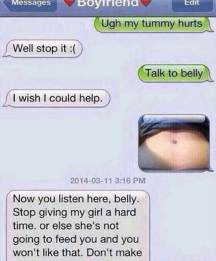 Text conversation with cringey boyfriend messages about tummy pain and a photo of a belly shared on Instagram.