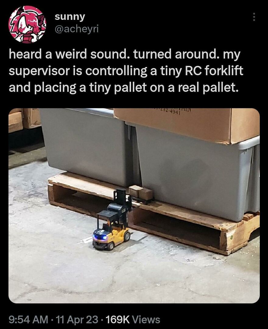 Funny Twitter post shows a tiny RC forklift placing a small pallet on a real pallet, highlighting comedic moments from comedians.