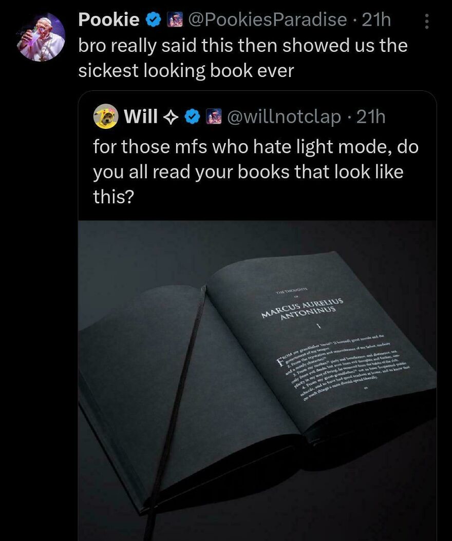 Twitter post from comedians sharing a funny tweet about a book with black pages, highlighting humorous content online.