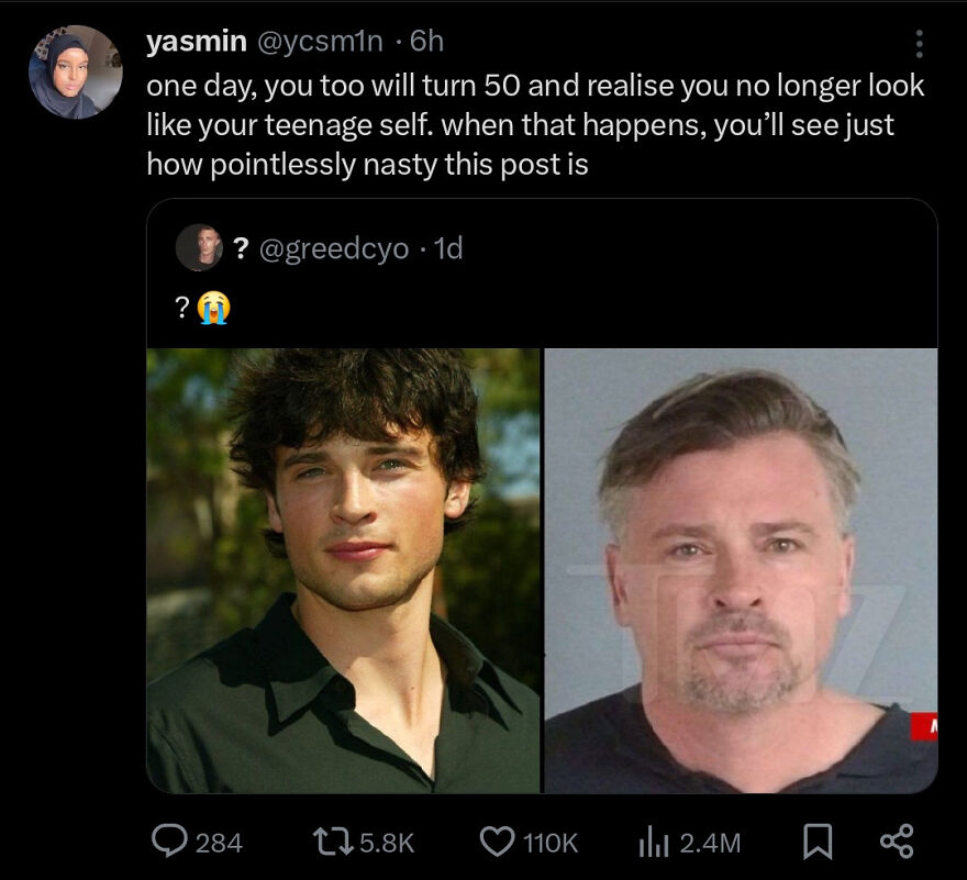 Twitter post from comedian Yasmin humorously reflecting on aging with side-by-side photos of a man young and older.