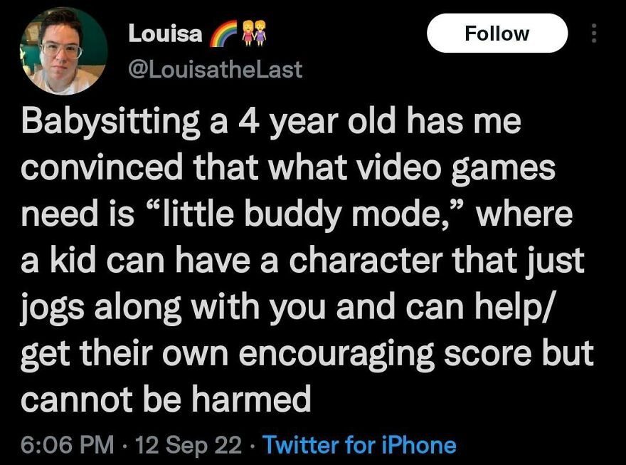 Twitter post from a comedian about video games needing a "little buddy mode" for kids to play safely and get encouragement.