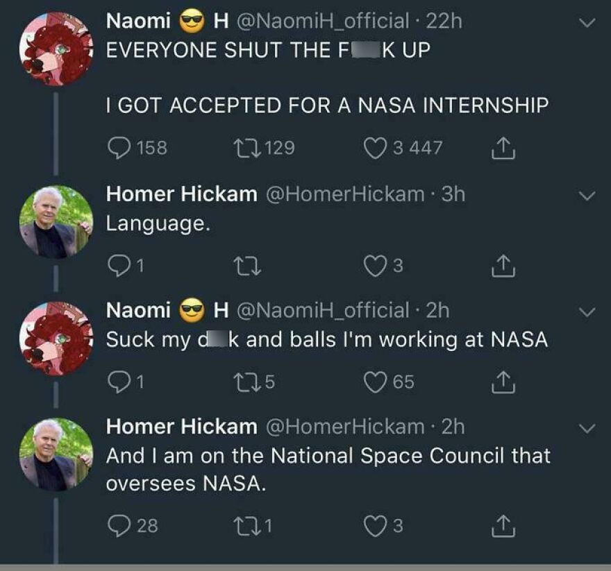 Twitter exchange between comedians showing a funny argument about working at NASA and the National Space Council.