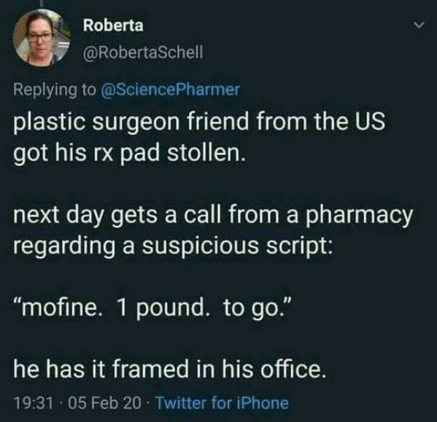 Funny Twitter post from comedians about a plastic surgeon’s stolen prescription and a suspicious pharmacy call.