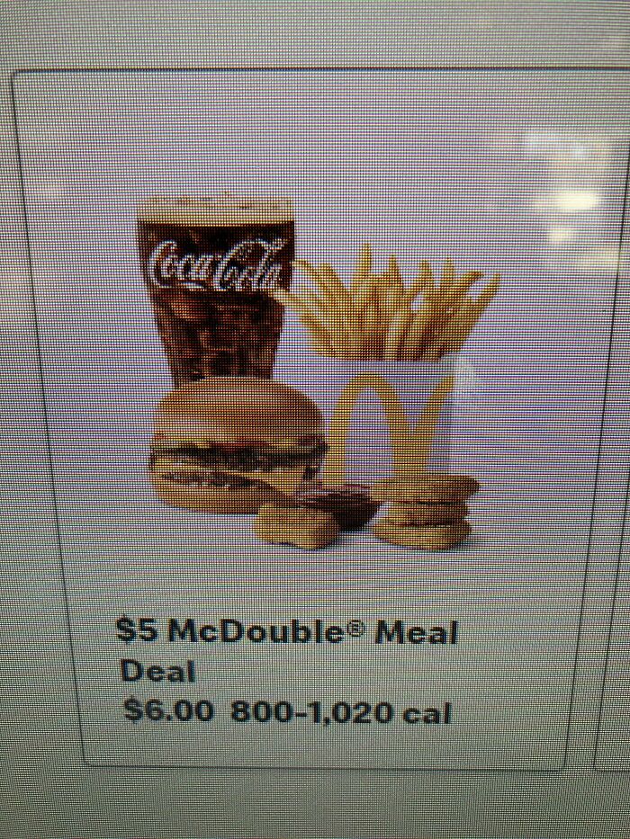 McDouble meal with fries, nuggets, and soda showing product size and price change trends.
