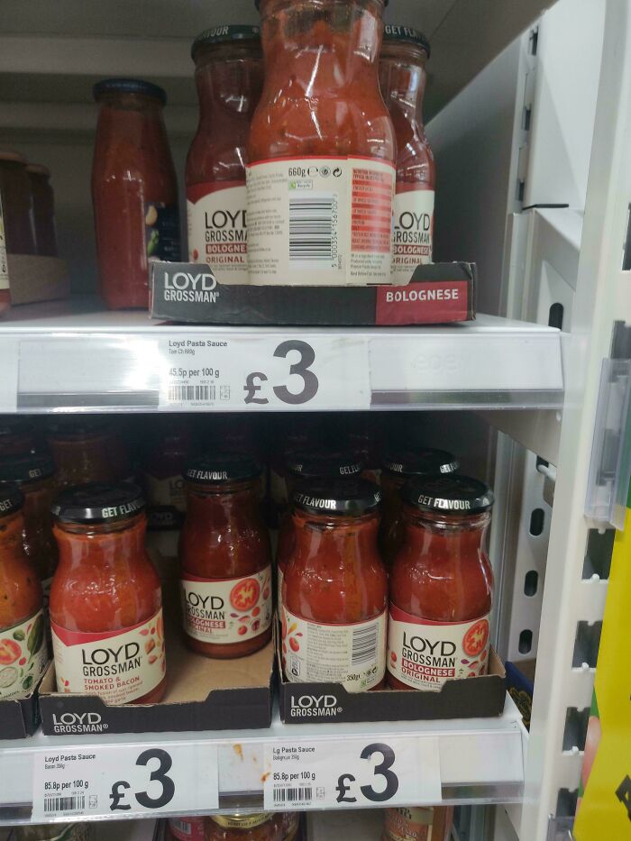 Bottles of Loyd Grossman pasta sauce on store shelves showing smaller products with higher prices.