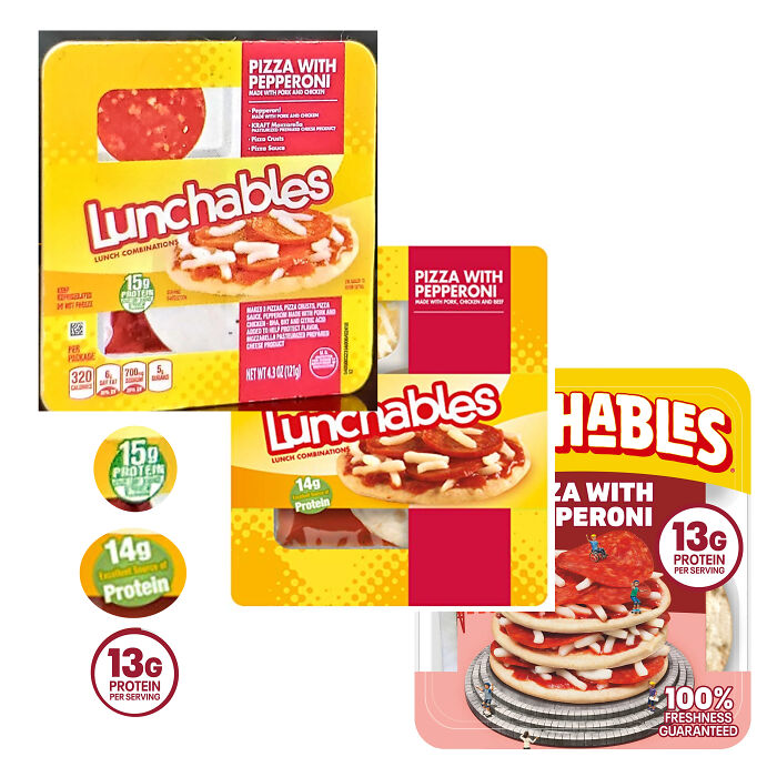 Comparison of Lunchables pizza with pepperoni packages showing products getting smaller and more expensive over time.