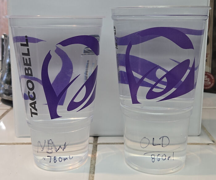 Two Taco Bell cups showing smaller size and less liquid in the new product compared to the old one, illustrating product size changes.