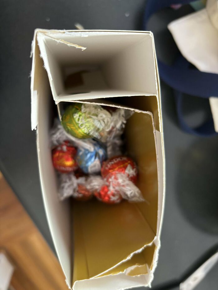 Top view of a nearly empty chocolate box showing product size reduction as products are getting smaller and more expensive.