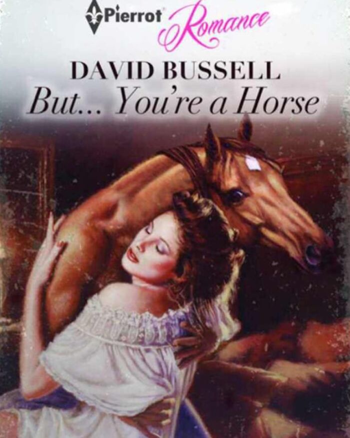 Romantic book cover showing a woman hugging a horse with human-like arms, a cursed image for a weird brain break.