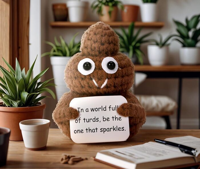 Plush p**p emoji holding a funny sign, among plants and books, one of the hilarious finds under 10 dollars for laughter.