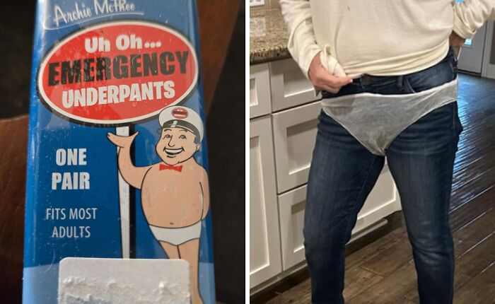 Emergency underpants packaging on the left and a person humorously wearing oversized underwear on the right, hilarious finds under $10.