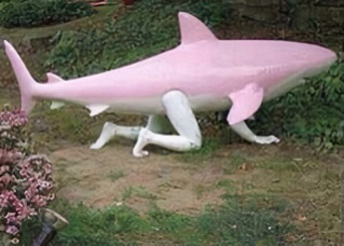Person in a pink shark costume crawling on grass, featured among cursed images for a weird brain break.