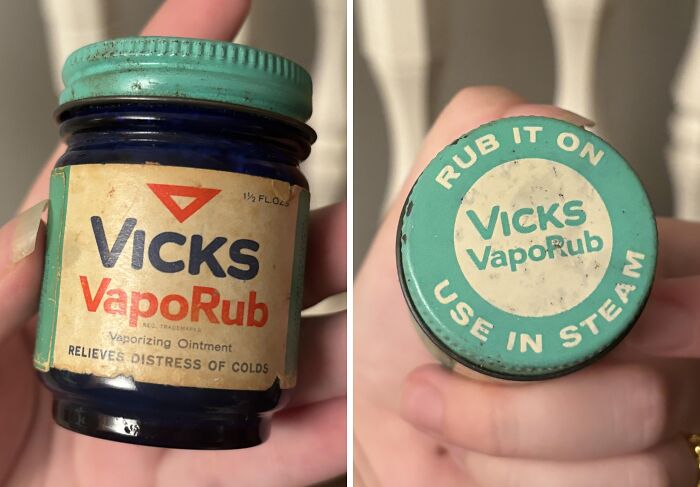 Old vintage Vicks VapoRub jar found in an old house, a bizarre and confusing historical item discovery.