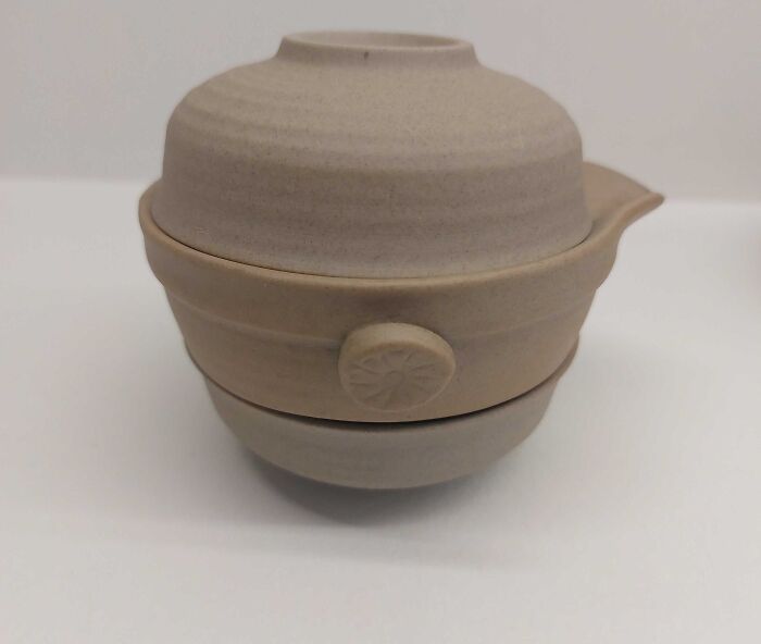 Beige ceramic confusing item with lid and spout, posing a guess challenge for curious minds.