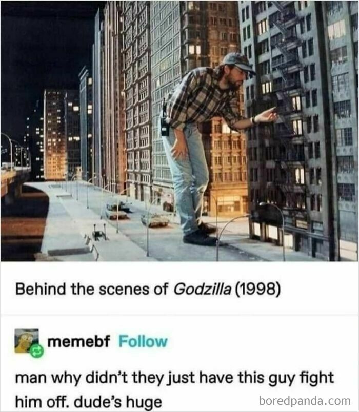 Man leaning over miniature city set from Godzilla 1998, a humorous chaotic meme for when life gets a little boring.