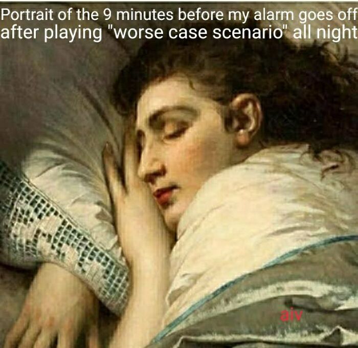 Classical painting of a person sleeping with art memes conveying petty energy for daily mental breakdown relief.