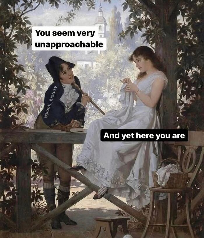 Classic art meme showing two women in 19th-century attire with witty text, perfect petty energy for daily mental breakdown.