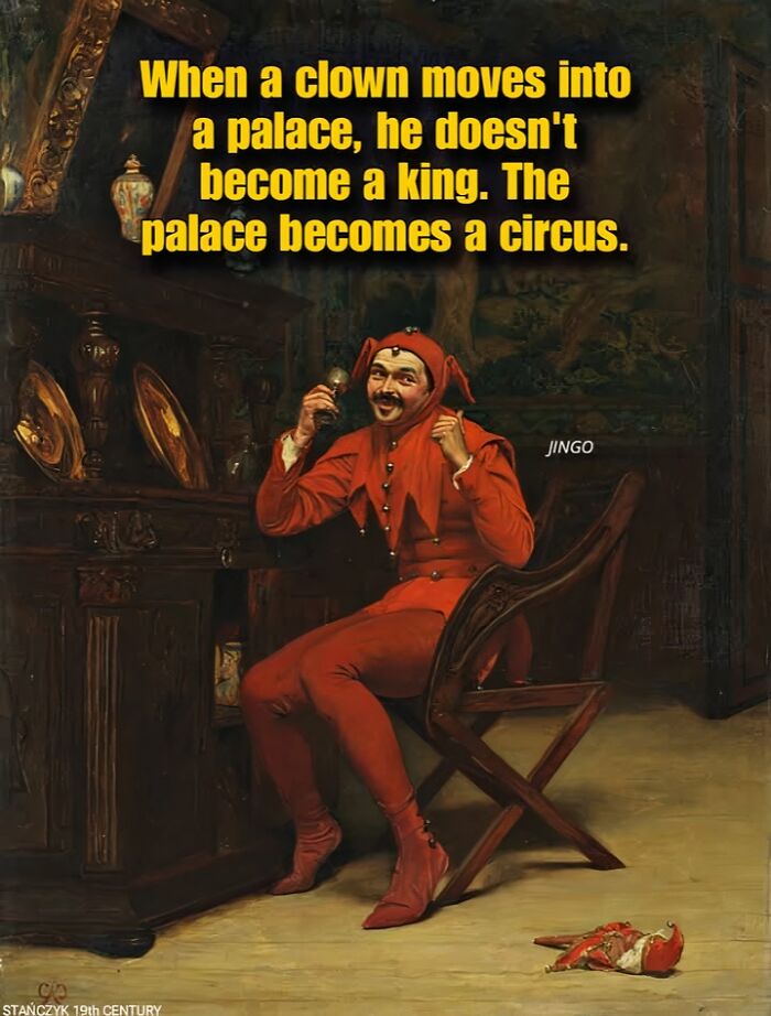 A 19th century painting of a jester with art memes embodying perfectly petty energy and witty text.