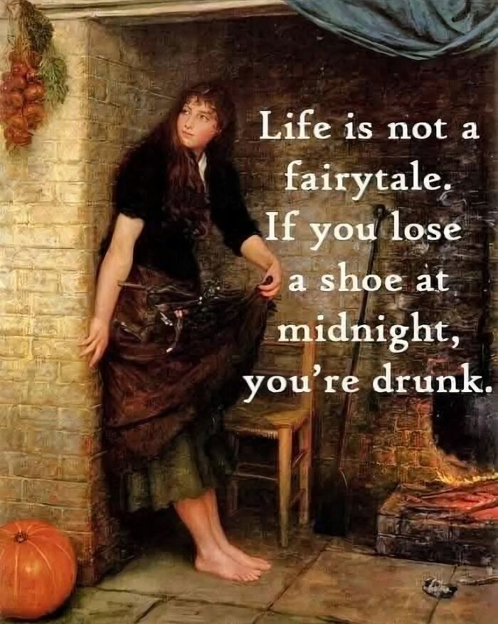 Classical painting with art memes and petty energy featuring a woman and a humorous text about losing a shoe at midnight.