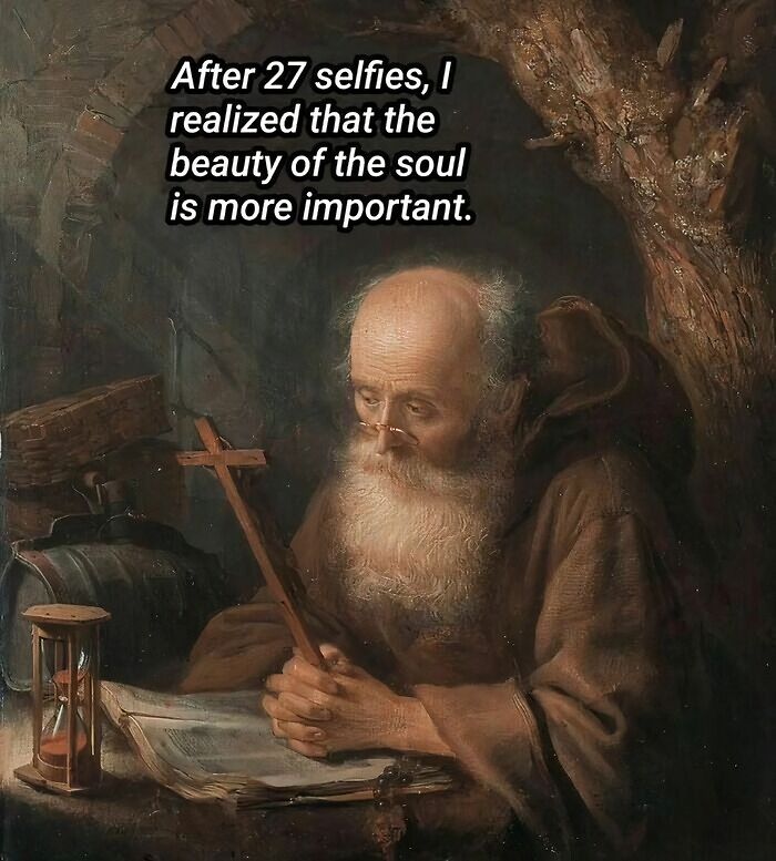Old bearded man holding a cross with art memes caption about soul beauty and selfies, reflecting petty energy.